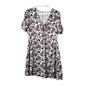 Mango Boho Red Floral Dress Fit Flare Lined Front Tie Cinched Sleeve Size 6